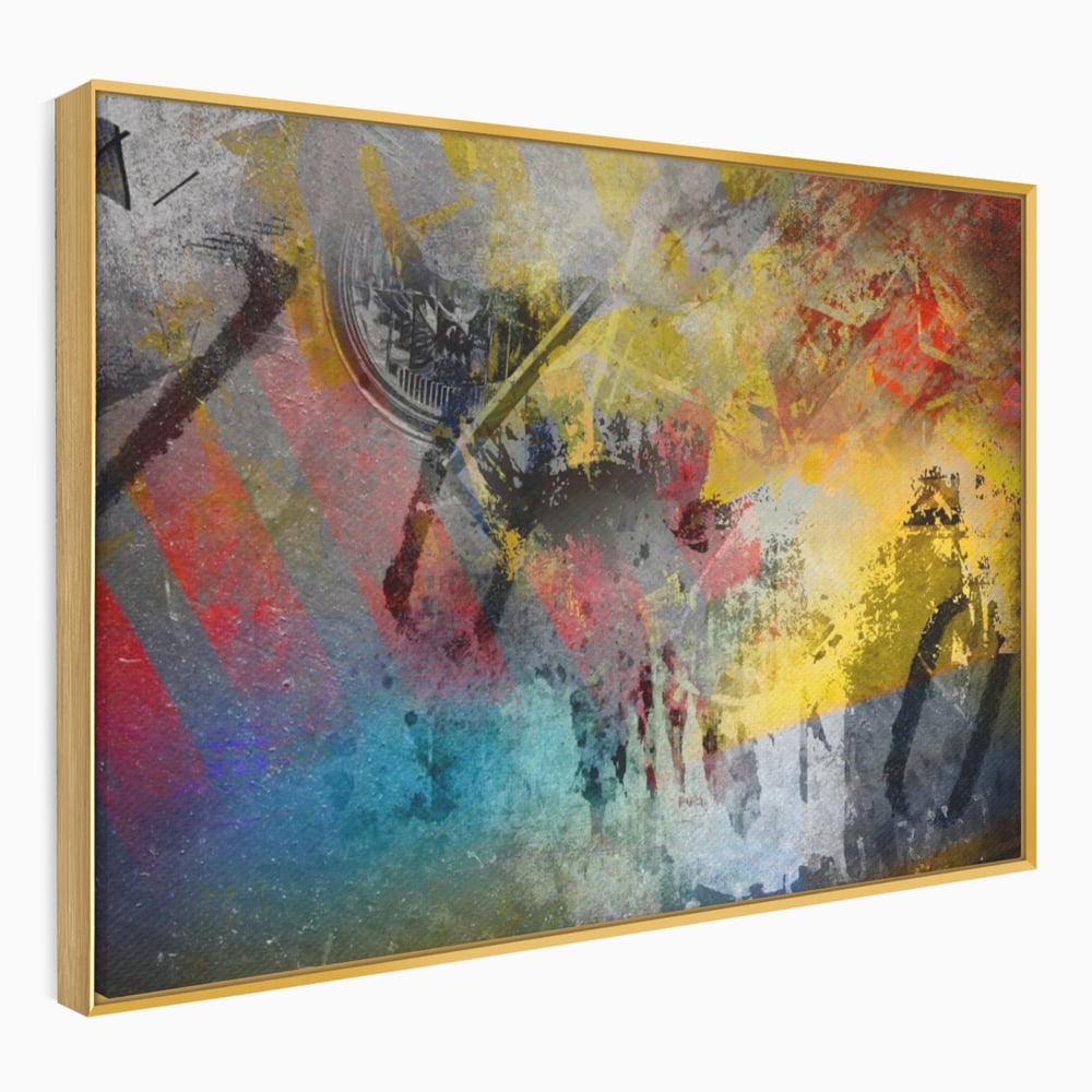 Tablou canvas cu pictura abstracta cu pete vibrante, in rama de aluminiu auriu